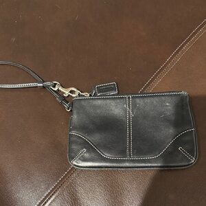 Coach Black Leather Wristlet with White Stitching